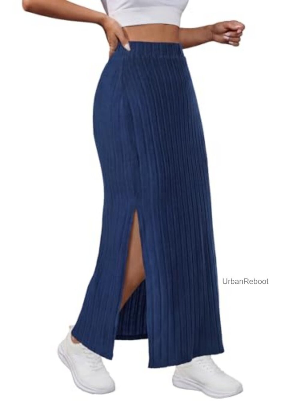 Women's Ribbed Knit Midi Pencil Skirt Side Slit High Waisted Bodycon Casual